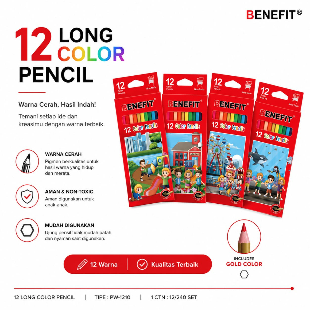 Pensil Warna BENEFIT PW-1210 Panjang, Pigmen Berkualitas, Kayu Tahan Lama, Include Warna Emas