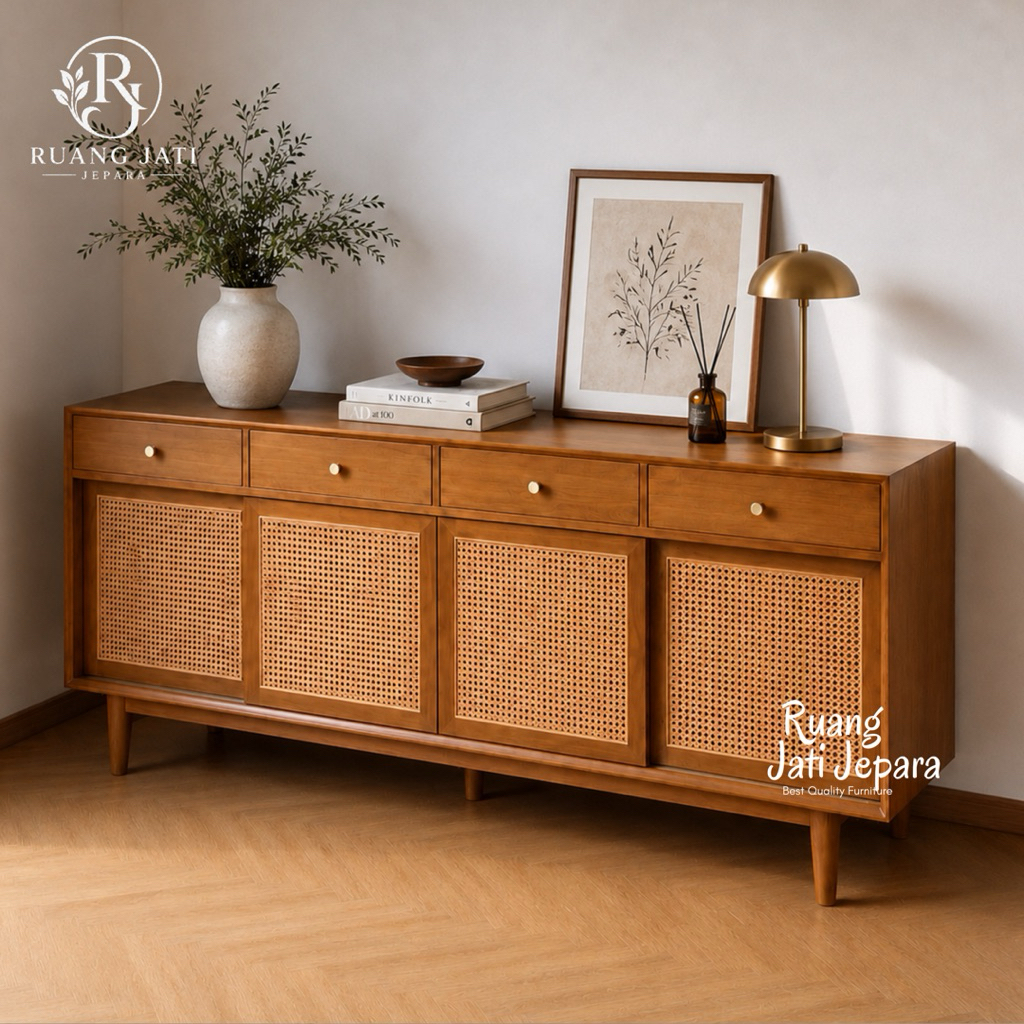 Bufet Kayu Jati Minimalis Modern | Sideboard TV Jati Solid Jepara | Credenza Jati Rotan Estetik | Ka