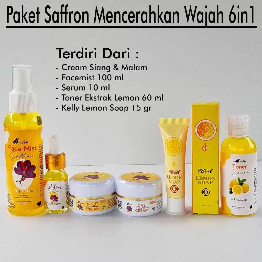 Paket Saffron Cream Siang Malam + Facemist + Serum + Toner Ekstrak Lemon + Kelly Lemon Soap 15gr