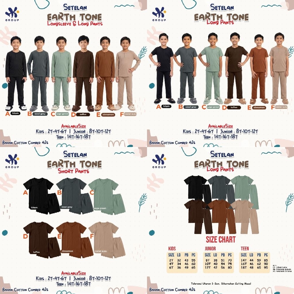 Po‼️ Hk Group Set Lengan Panjang Pendek Celpen & Celjang Baju Tidur Earth Tone Anak Remaja 2 - 18 Ta