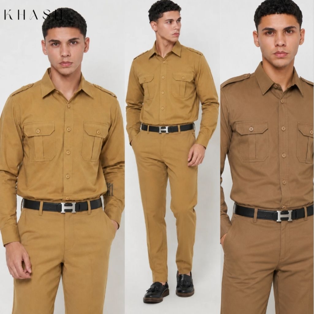 Seragam Kerja Pria Setelan PDH Lengan Panjang Warna Khaki Tua untuk PNS, ASN, dan Pemda, Bahan Cotto