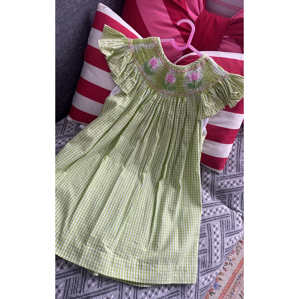 preloved handsmocked dress bishop tulip checkerboard green 3years not sarah louise
