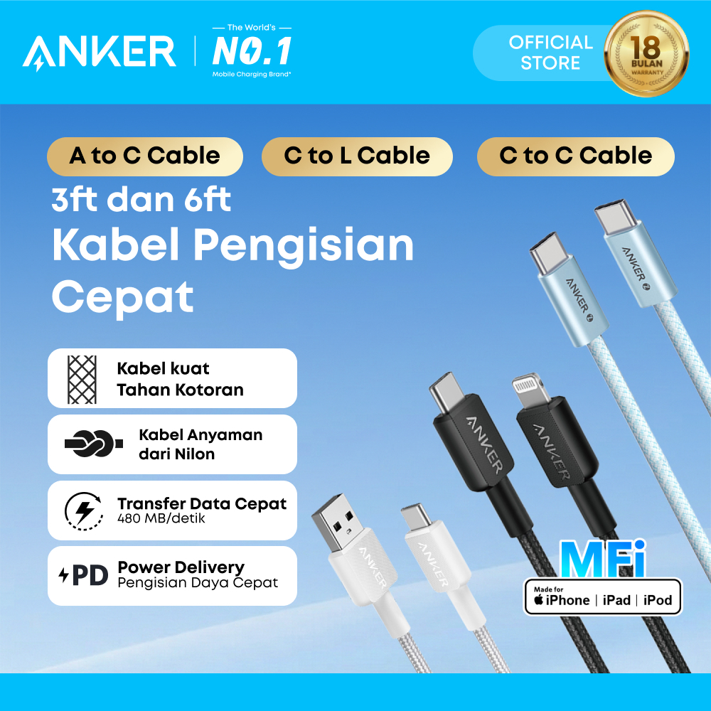 Anker Fast Charging Kabel Charger MFi iPhone X 11 12 13 14 15 16 PD Type C to C USB A and Lightning 