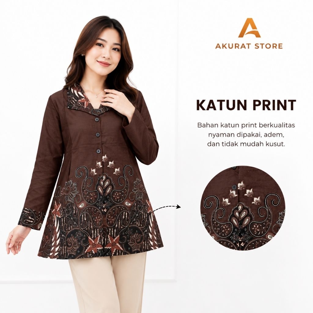 Atasan Batik Wanita Katun Print PREMIUM Coklat | Blouse Batik Lengan Panjang