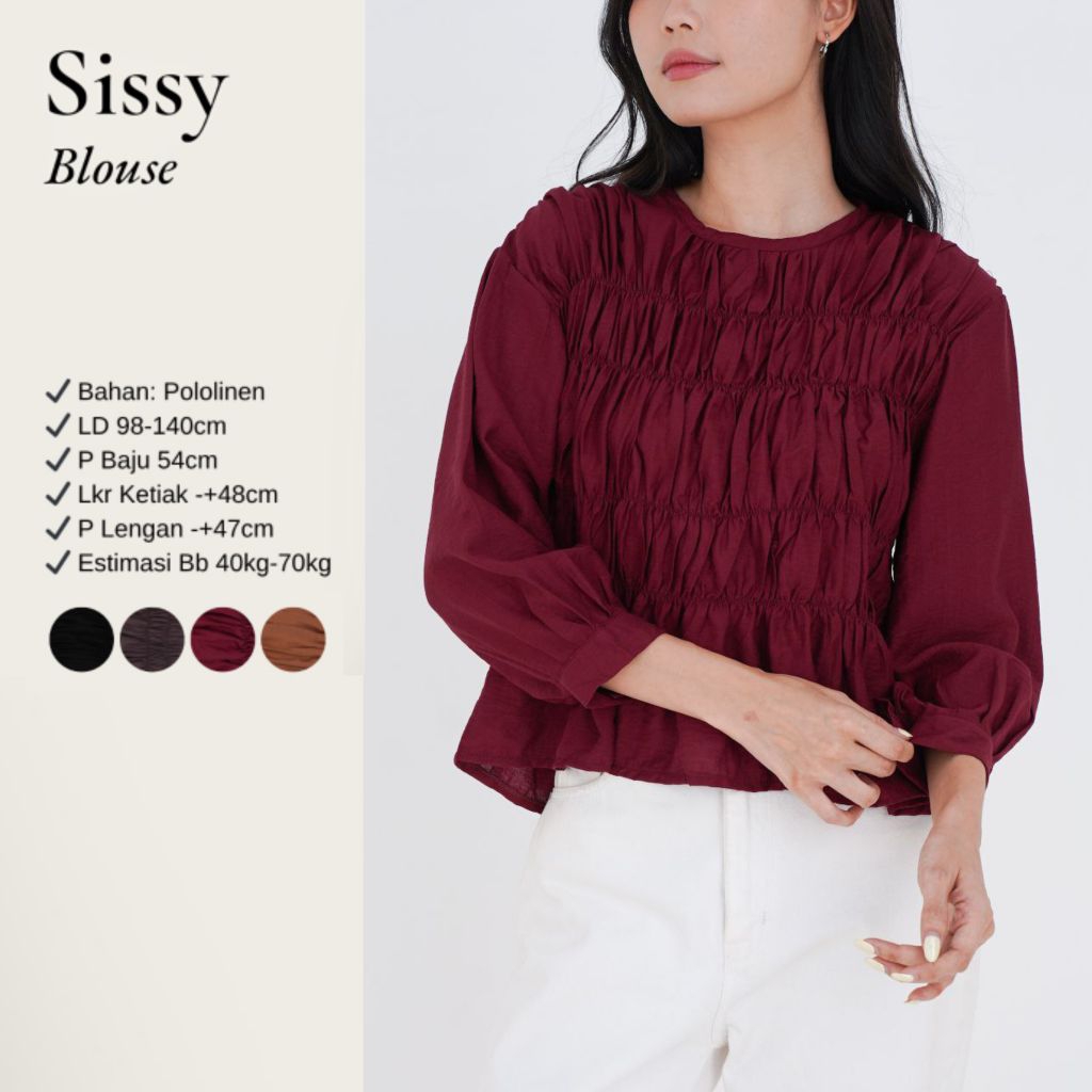 GROW_Sissy Kemeja Lengan Panjang Terbaru - Top Blouse Kerut Dada Pololinen Impor Kerah Oval Panjang 