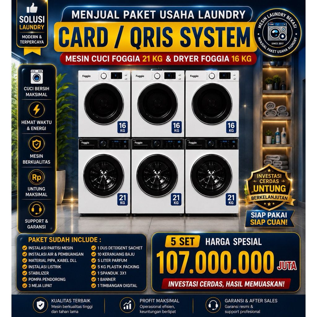MESIN LAUNDR SELF SERVICE MESIN CUCI FOGGIA 21 KG DRYER FOGGIA 16 KG PARTISI