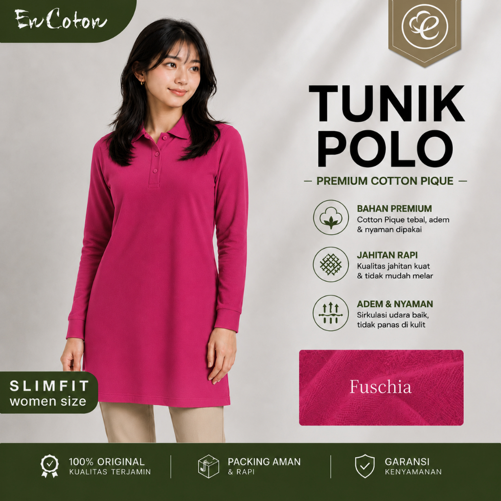 Kaos Kerah Polo TUNIK Wanita Cewek FUSCHIA PINK FANTA MAGENTA Premium Tangan Lengan Panjang Slimfit 