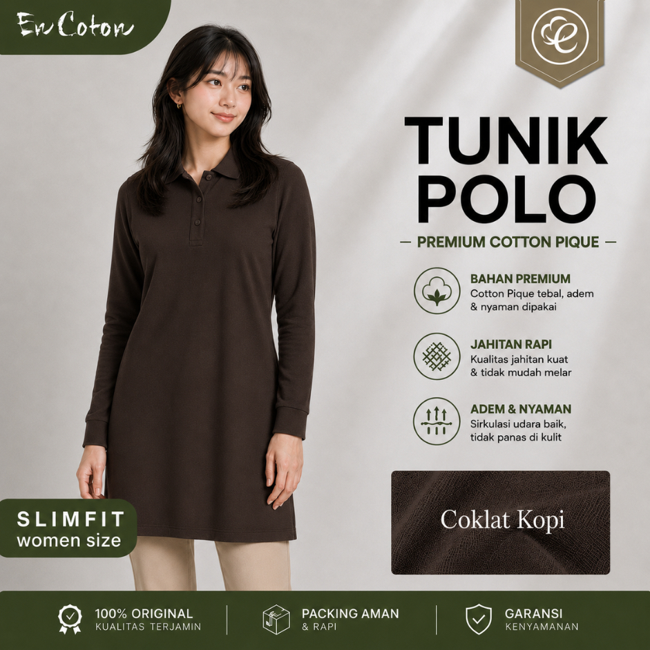 Kaos Kerah Polo TUNIK Wanita Cewek MAHOGANY COKLAT KOPI DARK BROWN Premium Tangan Lengan Panjang Sli
