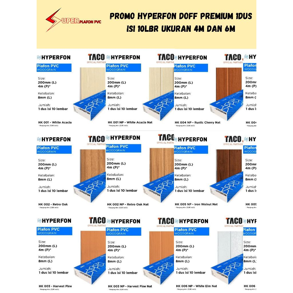 [PROMO] 1dus Hyperfon Plafon Pvc Doff Tebal 8mm Isi 10lbr Sesuai Ukuran di Varian Plavon Pvc Per dus