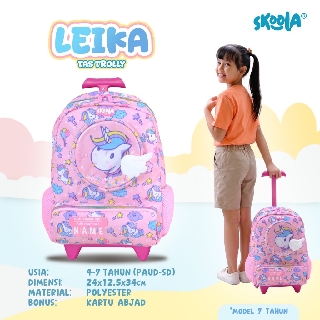 Skoola Tas Anak Trolly Sekolah PAUD TK Perempuan Karakter Unicorn Custome Name - Trolly Leika