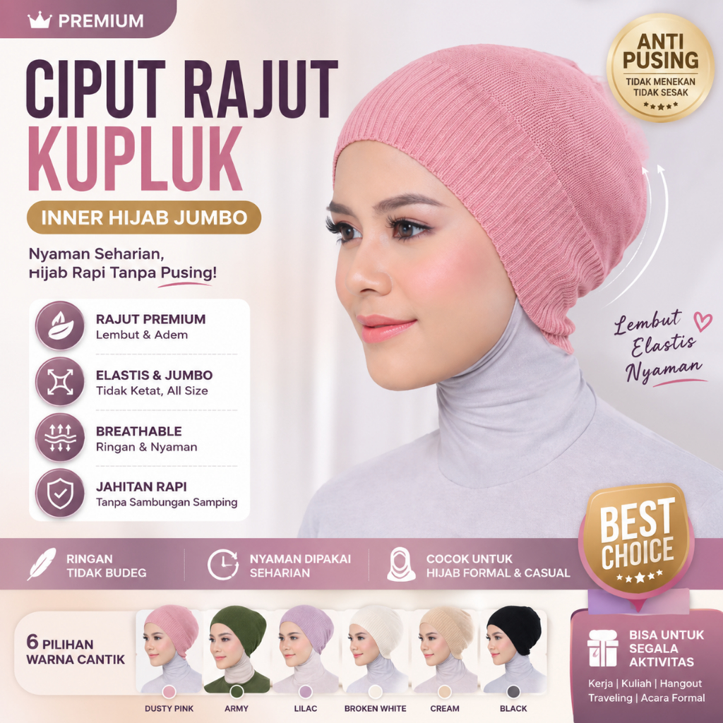 Ciput Rajut Kupluk Premium Anti Pusing Inner Hijab Jumbo Lembut Stretch Nyaman Tidak Sesak Ciput Top