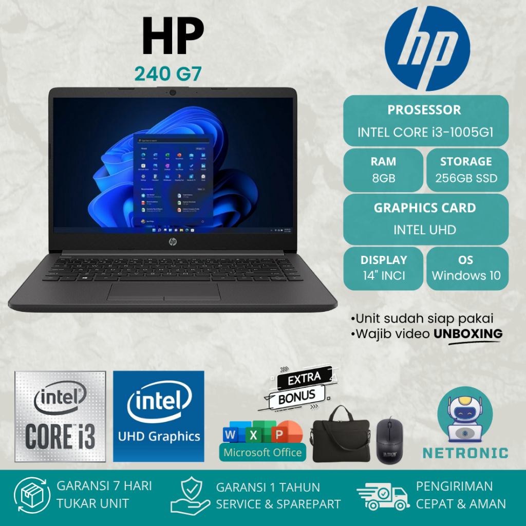 LAPTOP HP 240 G7 INTEL CORE i3-1005G1 RAM 8GB SSD 256GB 14" INCI W10