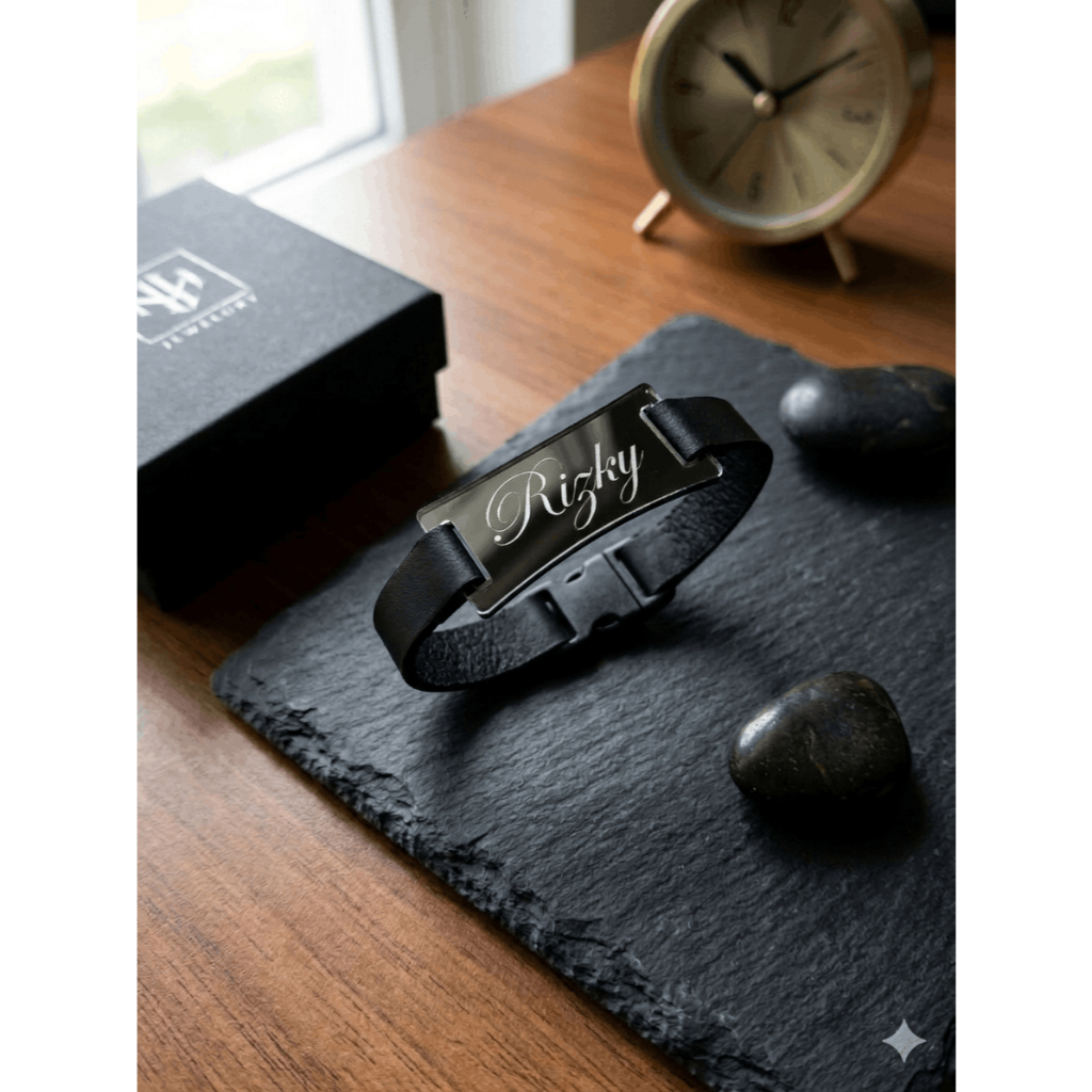 Gelang Nama Custom Ukir Akrilik Strap Kulit Premium Tebal