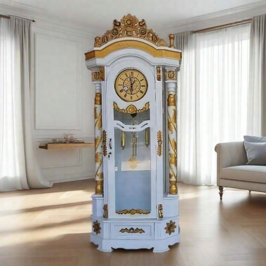 LEMARI JAM BANDUL HIAS KAYU JATI DUCO PUTIH GOLD MEWAH JEPARA | Grandfather Clock Klasik Ukir Jati A