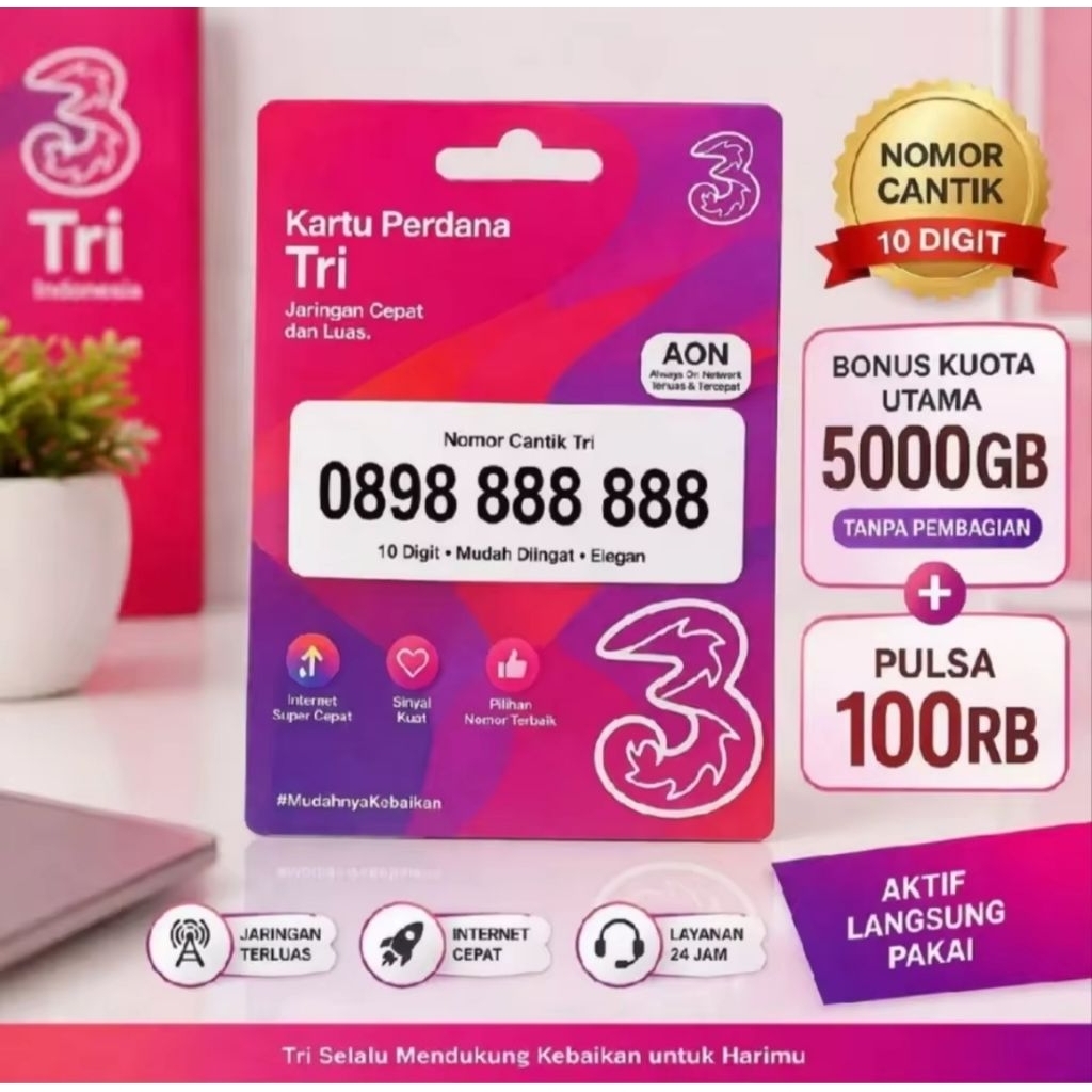Promo Kartu Perdana TRI 10Digit Bonus Kuota 5000GB + Pulsa 100GB Support jaringan 4G
