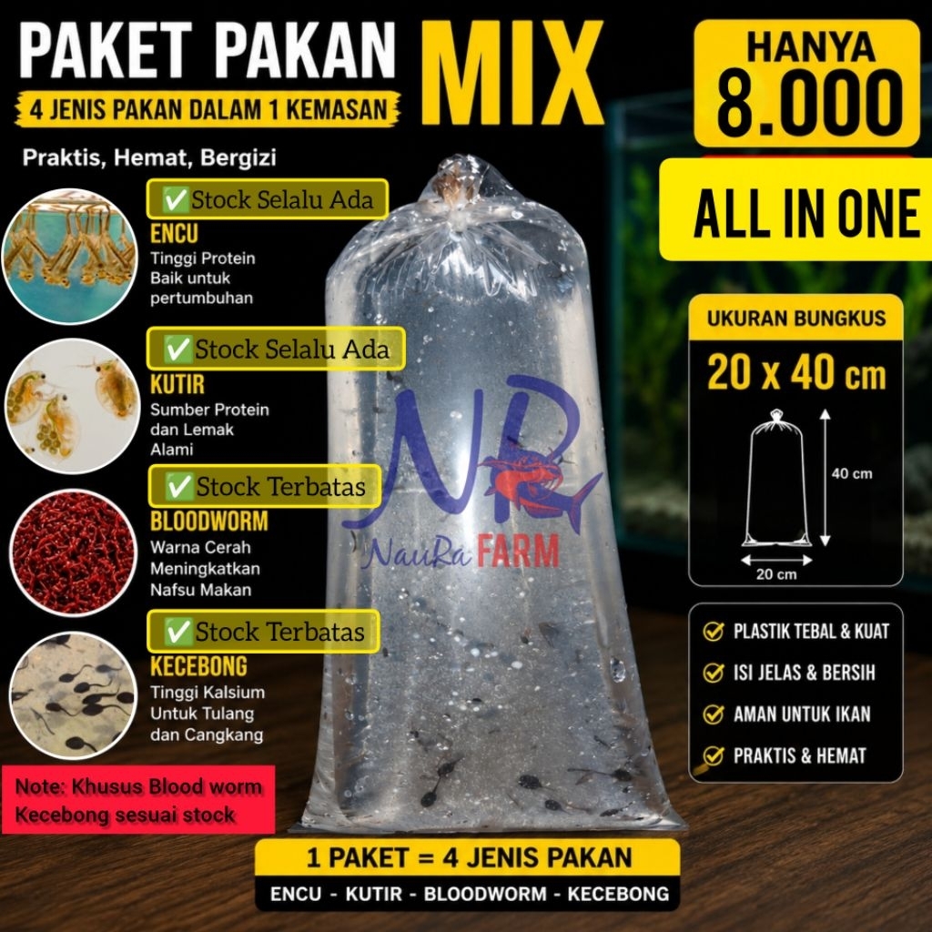Pakan Hidup untuk Ikan Mix 4 in 1 | ISI LEBIH BANYAK - Encu / Kutir / Blood worm / Kecebong (Limited