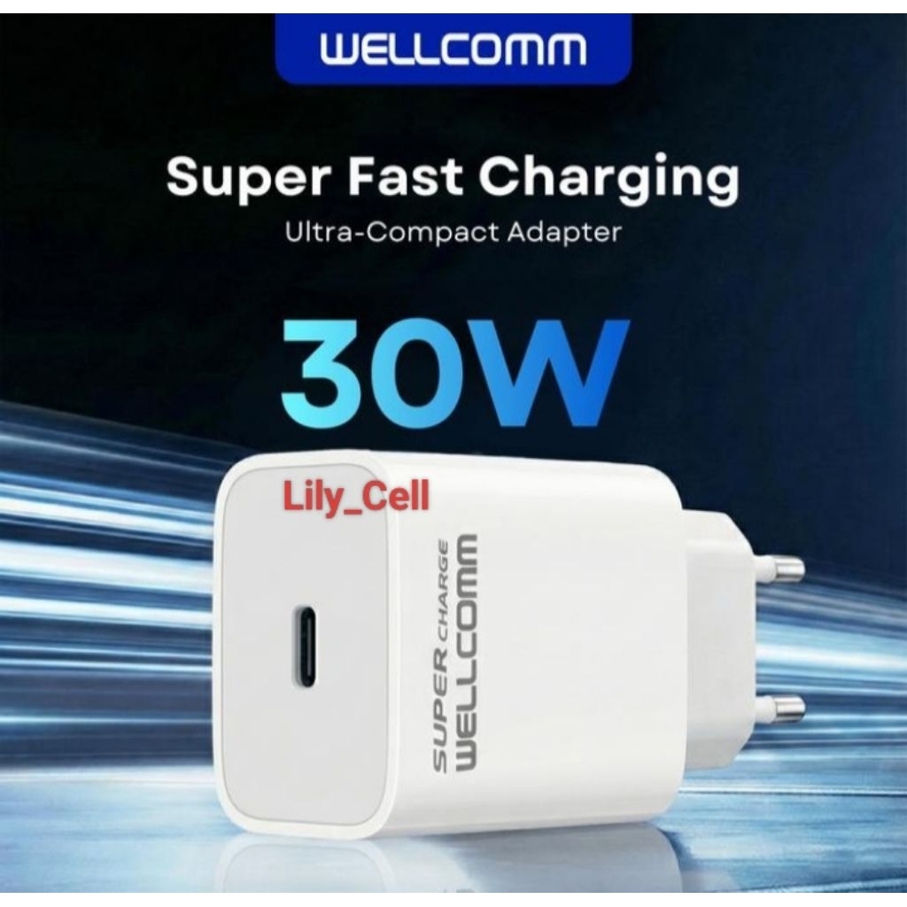 Adaptor Charger Handphone USB-C Single Port Wellcomm 30W  + kabel Type-C to C