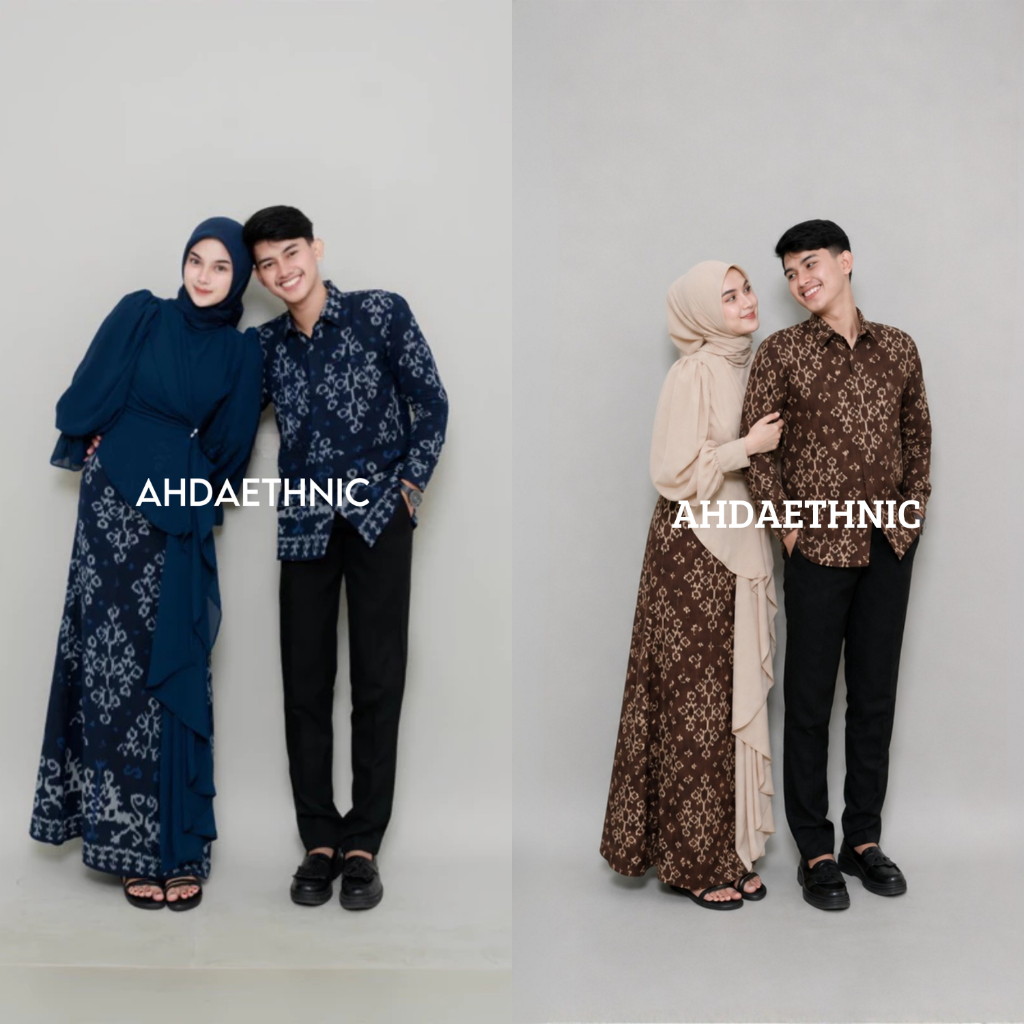 COUPLE TENUN DRESS DAN KEMEJA GREY BLUE SET BAJU COUPLE SERI ELIRA