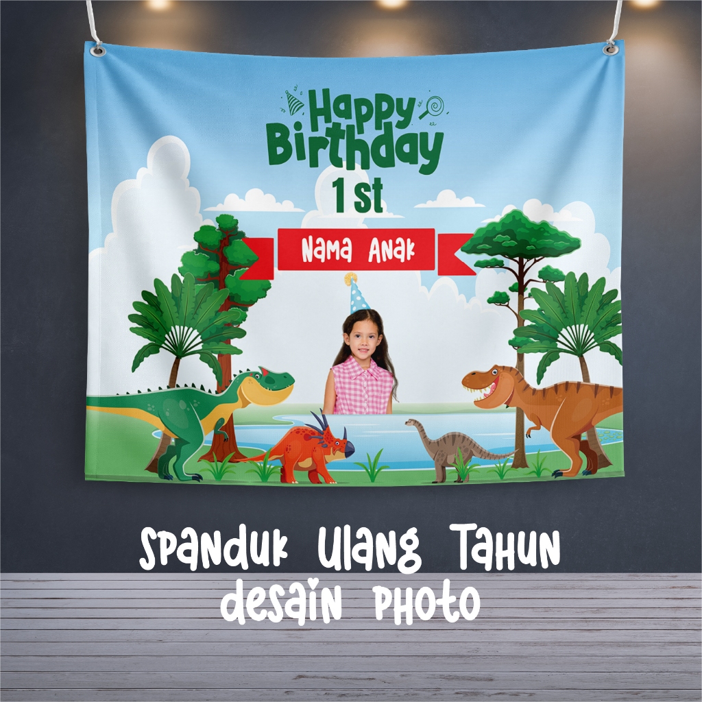 Tema Dinosaurus Spanduk Ulang Tahun Anak Custom Nama Umur Foto | Banner Birthday Dino Background Par