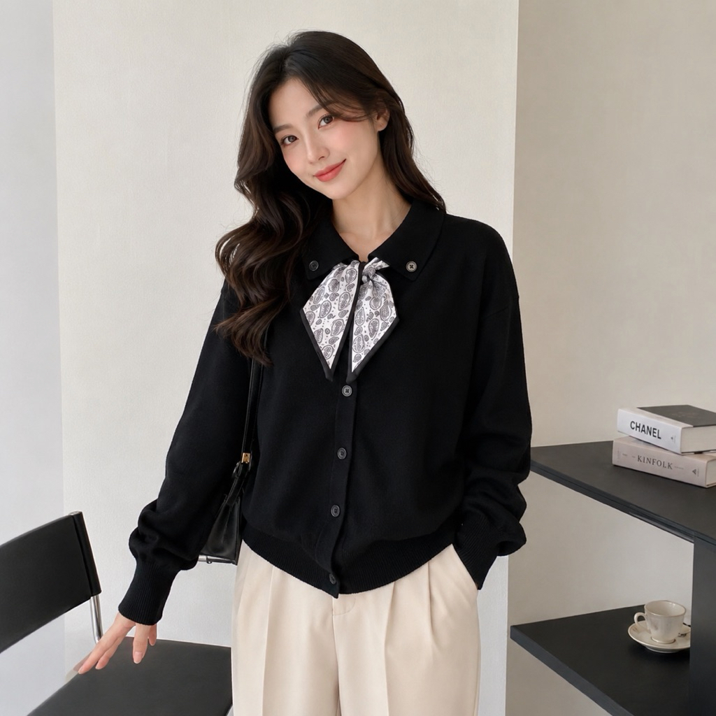 Chloebeautyshop - Cardigan Wanita Korea Pita Scarf Premium | Outer Rajut Hitam Elegan Lengan Panjang