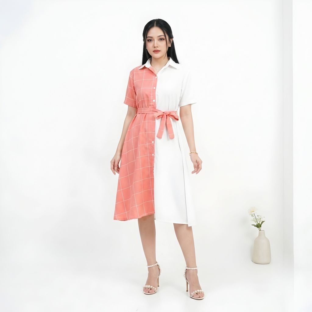 Gaun Wanita Simple Casual Terbaru Baju Outfit Ke Gereja Dress Kantor Formal Twotone Kaori Ms