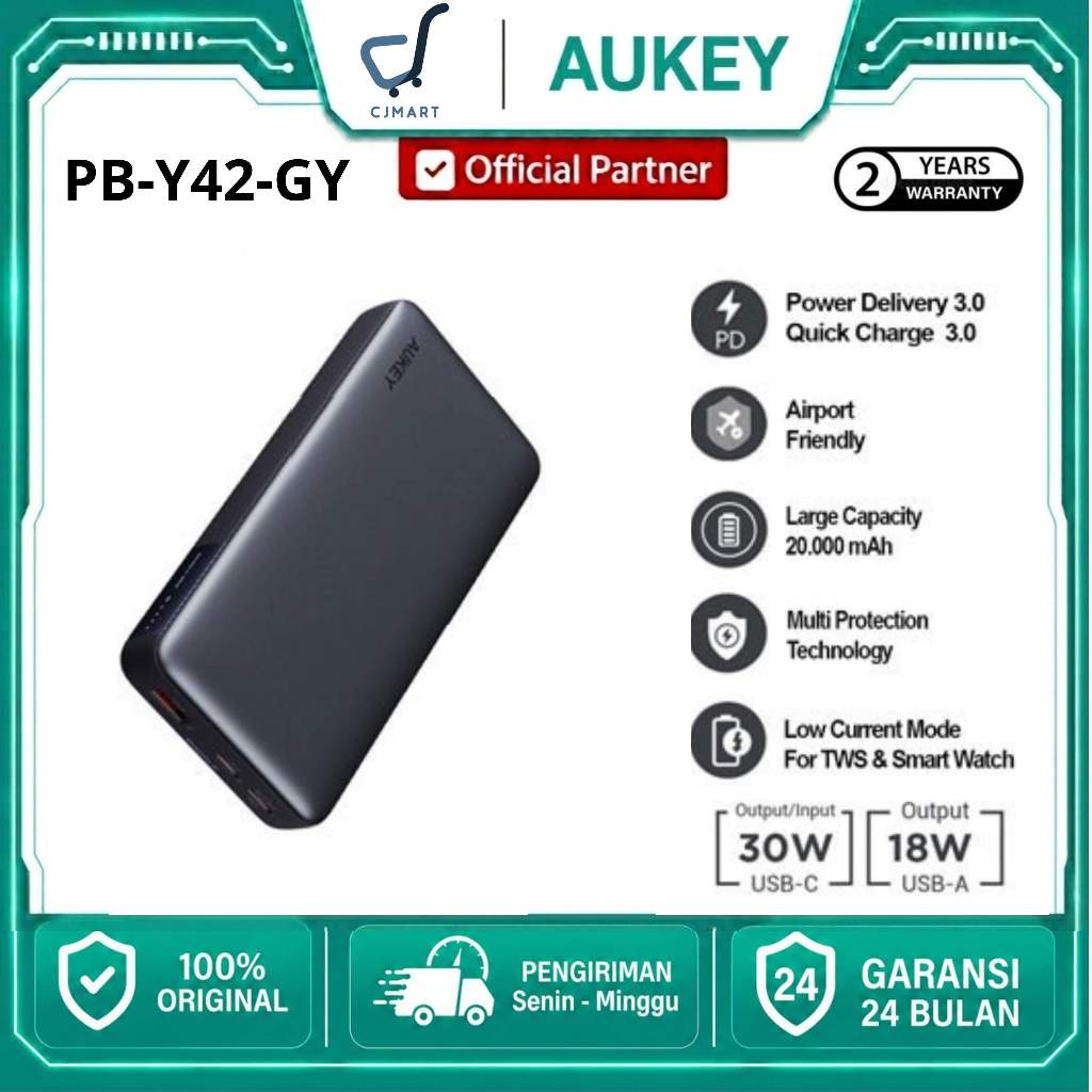 AUKEY Powerbank 20000mah PB-Y42-GY USB C 30W PD 3.0 Slim Power Bank Y42 20.000mAh 30w