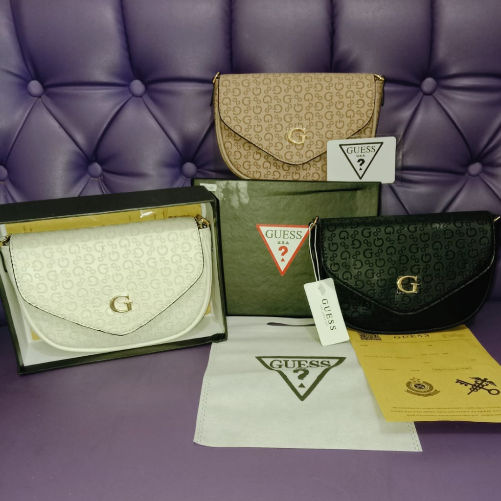 Baguette Bags (Black, Latte Pink & White) Box + Card + Dustbag | GUESS Masie Mirror Monogram New Pre