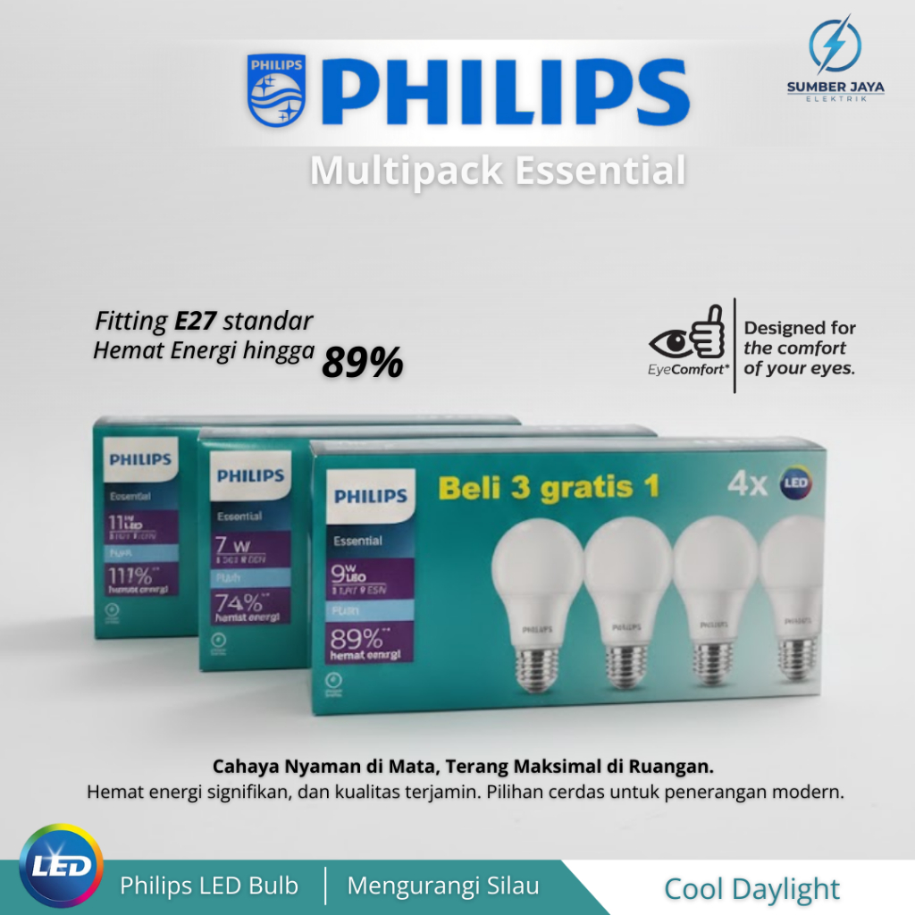 Philips LED Essential Beli 3 Gratis 1 Paket Lampu  5W 7W 9W 11 Watt Cahaya Putih Original