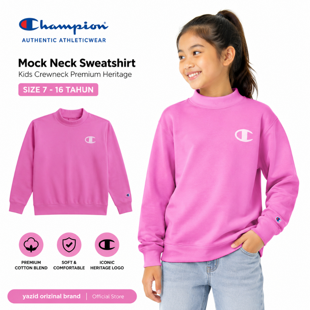 Champion Original Kids Mock Neck Sweatshirt - Crewneck Anak Lengan Panjang Pink Premium Heritage