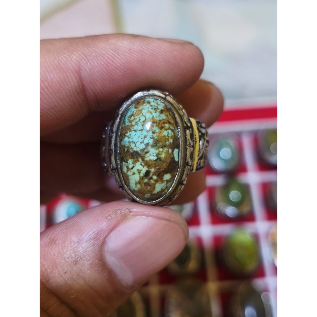 Cincin Batu Akik Pirus Persia Lawasan Serat Emas