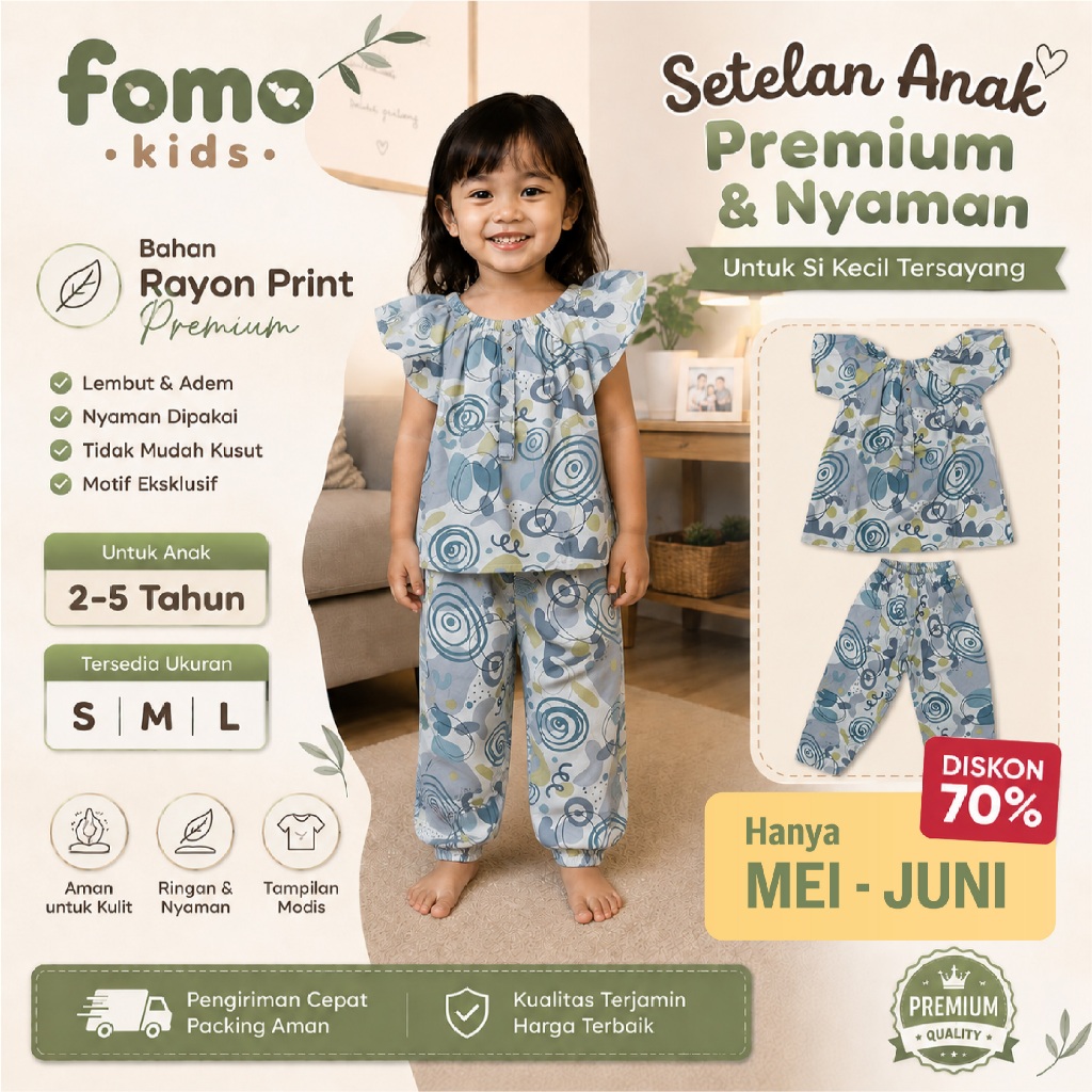 Setelan Piyama Anak Perempuan umur 2-5 tahun bahan Rayon Premium Lembut printing model flora cantik 