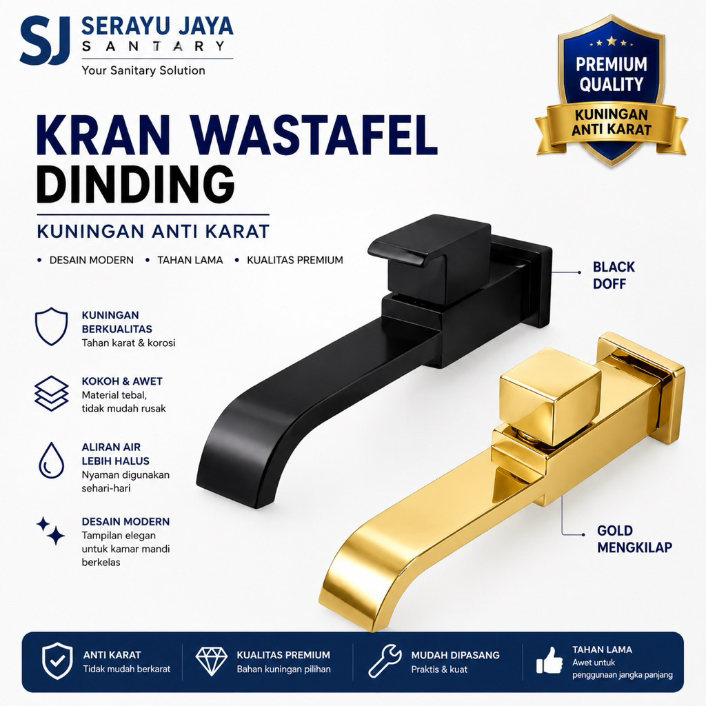 Kran wastafel dinding kuningan / kran spoud dinding kotak hitam dan gold / kran spoud wastafel