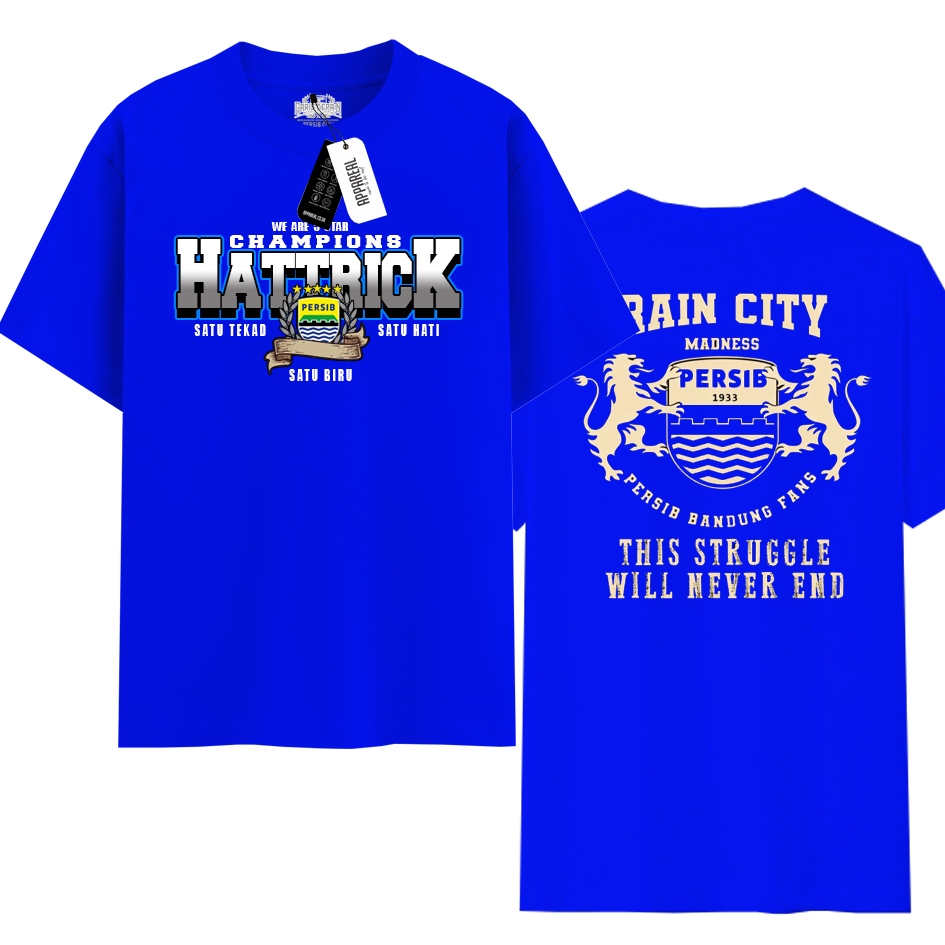 Kaos Distro Persib Bandung HATTRICK CHAMPIONS ORI katun combads 24s premium Lengan Pendek