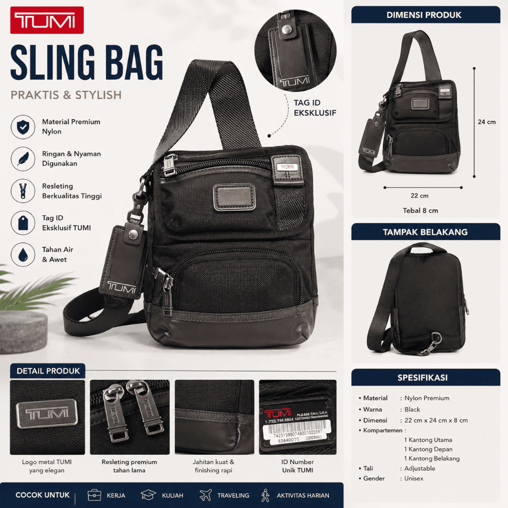 Tumi Sling Bag Hitam Nylon Premium, Tahan Air, Resleting Tinggi, Unisex, Stylish