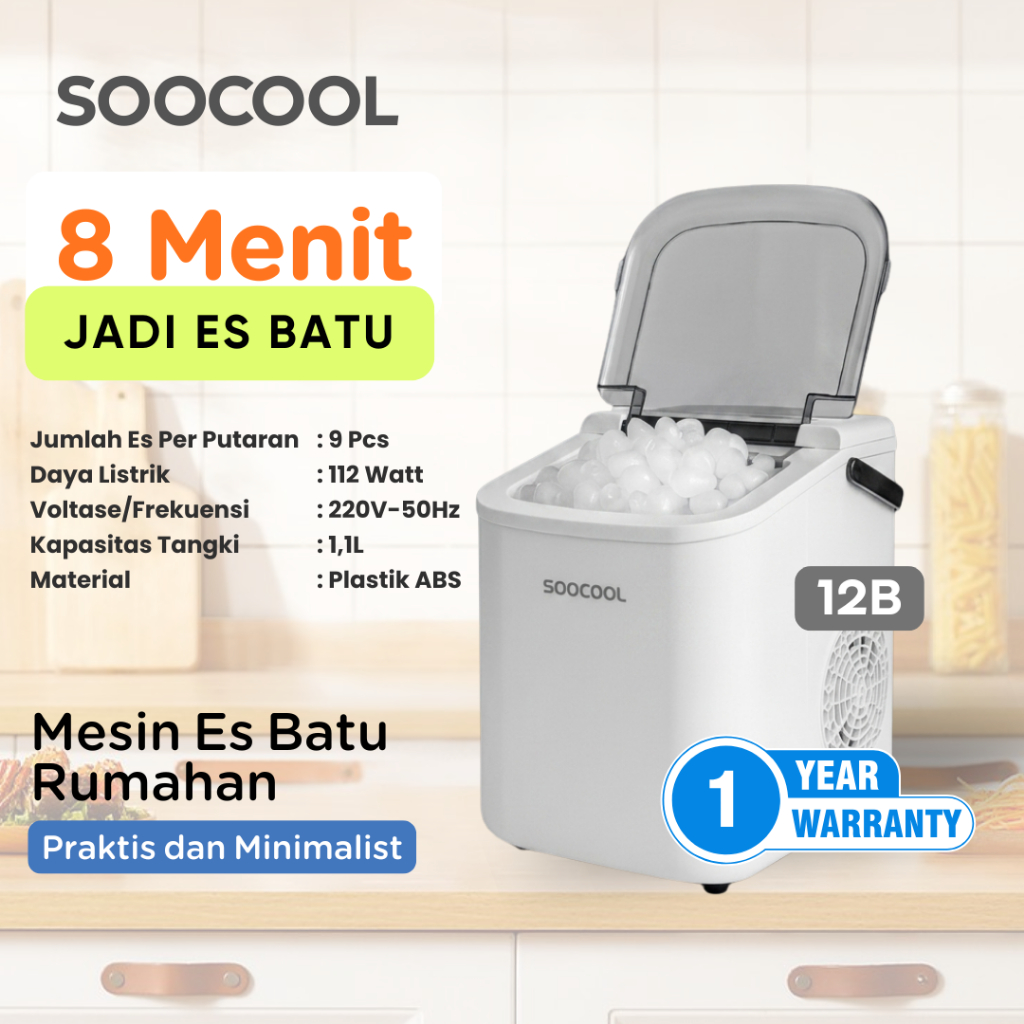 Mesin Pembuat Es Batu SOOCOOL 12B Ice Maker Mini 1,1 Liter Mesin Es Batu Portable Praktis Dapur & Ka