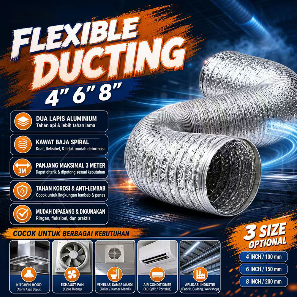 Pipa Exhaust Aluminium Flexible Ducting 4 6 8 Inci 3 Meter Cooker Hood Cerobong Asap Tahan Panas Pem