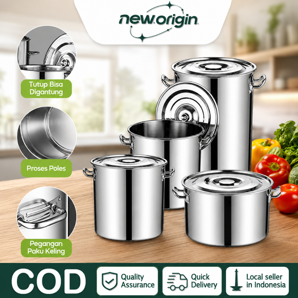 Panci Stockpot Stainless Steel SUS 304 2mm - Dandang Serbaguna untuk Usaha Bakso, Soto & Katering (1