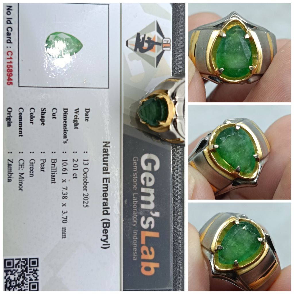 Natural Emerald Beryl Zambia 2 ct Pear Minor memo GLI Zamrud Kristal Ring Perak