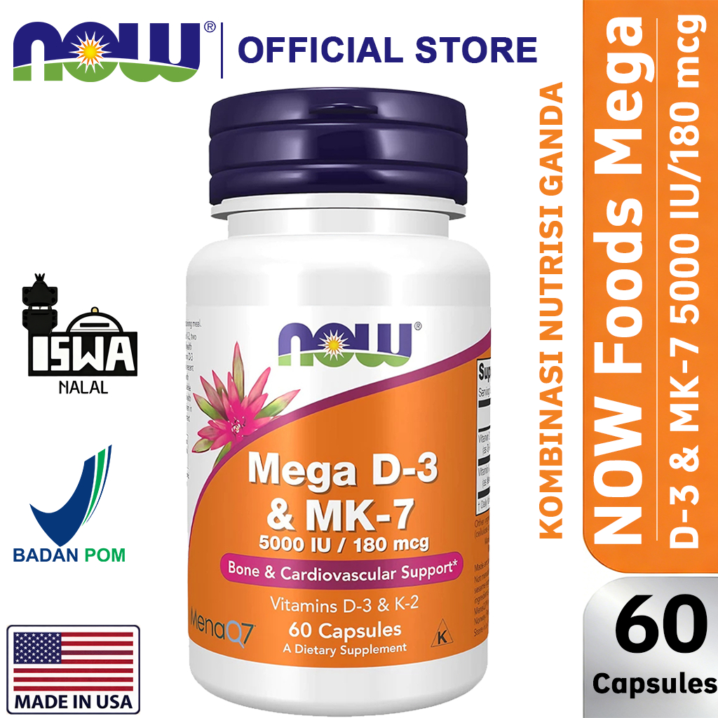 Now Foods Mega D3 5000IU 180mcg K2 MK7[NEW][100%Impor asli][COD]D-3 & MK-7 (5000 IU/180 mcg) 60 Caps