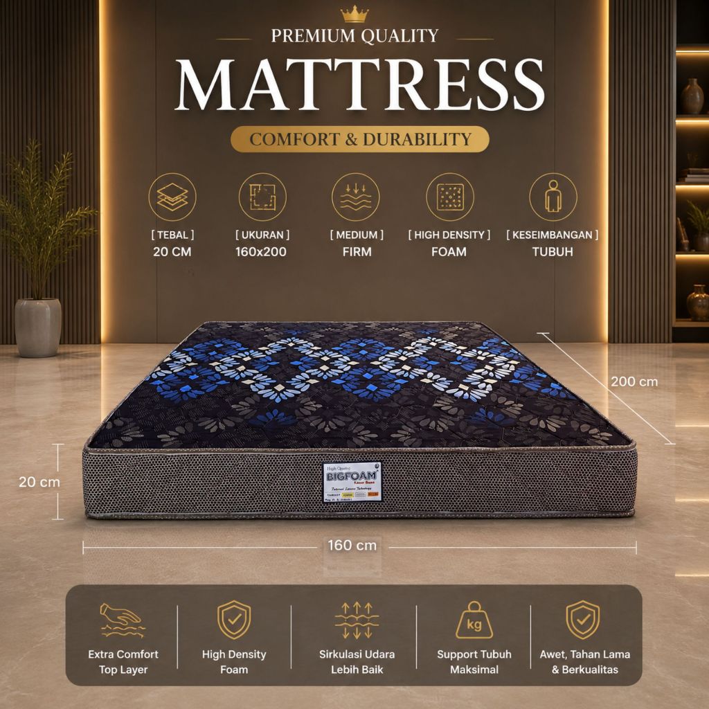 Big Foam Kasur Busa Bonavita Premium 160 x 200 cm Tebal 20cm Nyaman Tahan Lama untuk Kamar Tidur Uta
