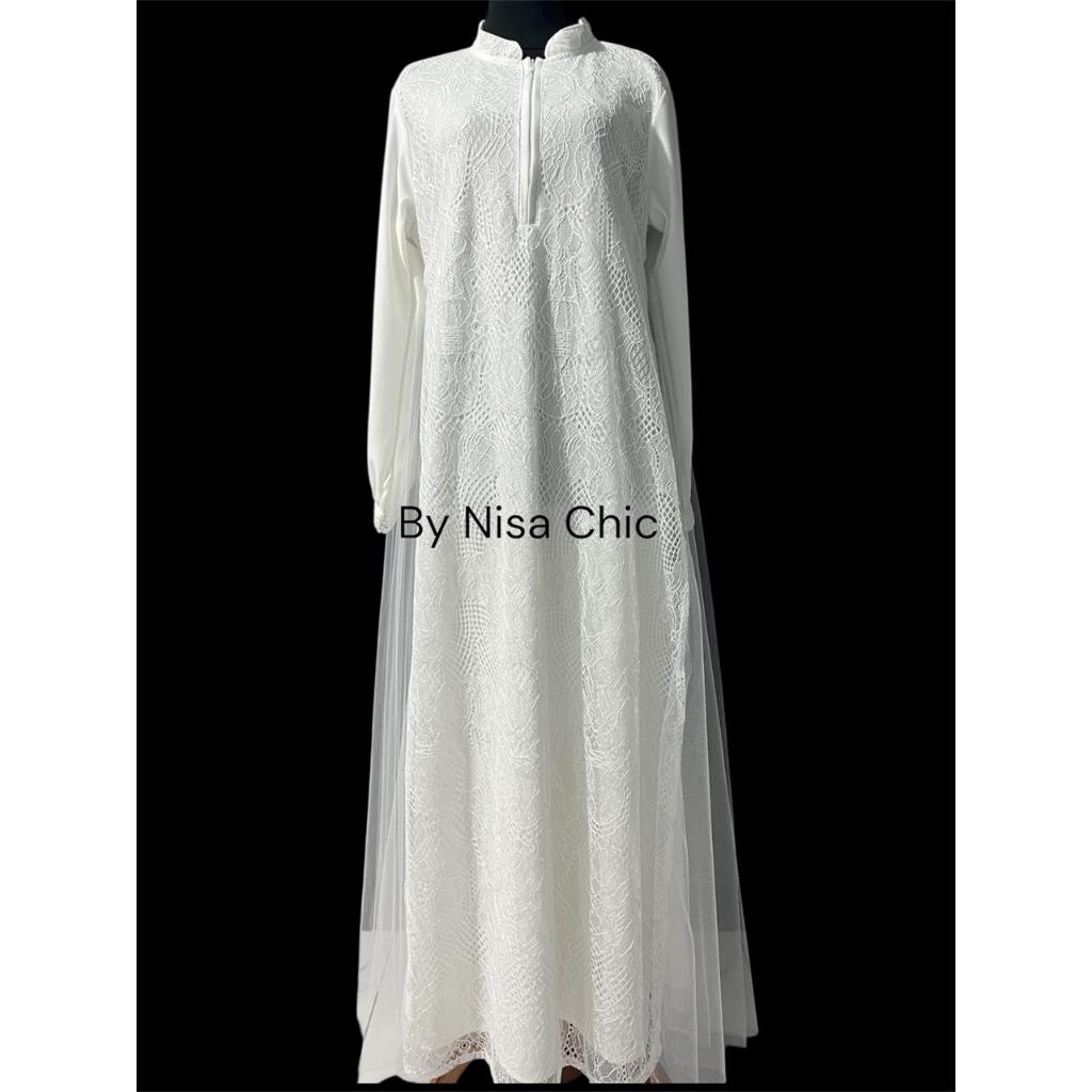 Gamis Lebaran 2026 ,Gamis Broken White Premium , Gamis Brokat Tile Syar'I,Gamis Mewah Elegan