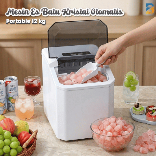 Mesin Es Batu Kristal Otomatis Mini Portable 12kg / Ice Maker 100W Putih