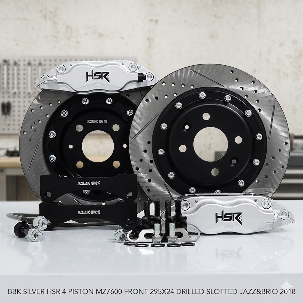 BBK SILVER HSR 4 PISTON MZ7600 FRONT 295X24 DRILLED SLOTTED JAZZ&BRIO 2018 BBK BREMBO HSR COCOK UNTU