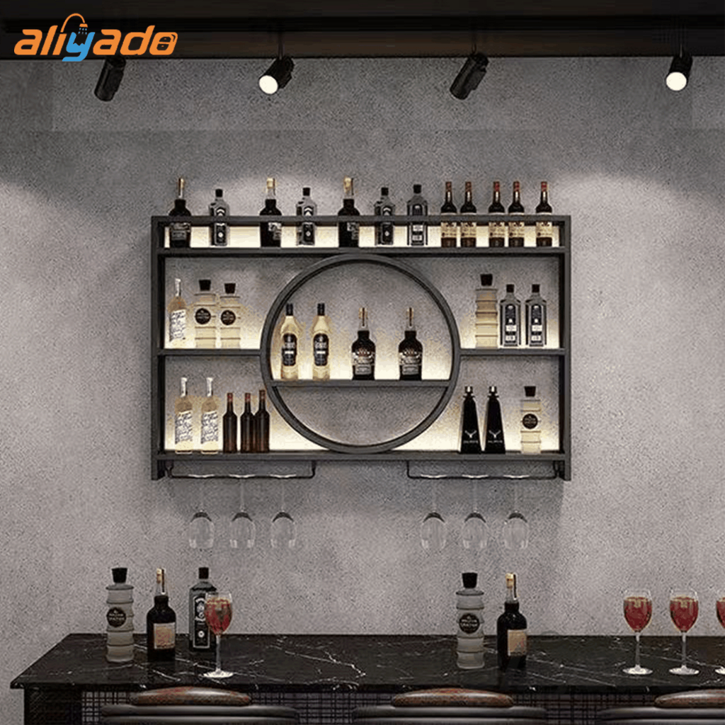 Metal Wine Rack Bar Shelves Wall Mounted Kitchen Storage With Wine Glass Holder Liquor Shelf Mini Ba