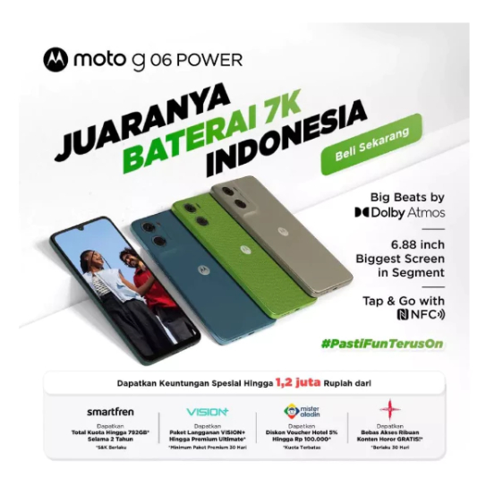 HP Motorola G06 Power Ram 4GB/128GB 6.88 Inch 7000mAh 50MP Pro Gorilla Glass3 IP64 WaterTouch NFC
