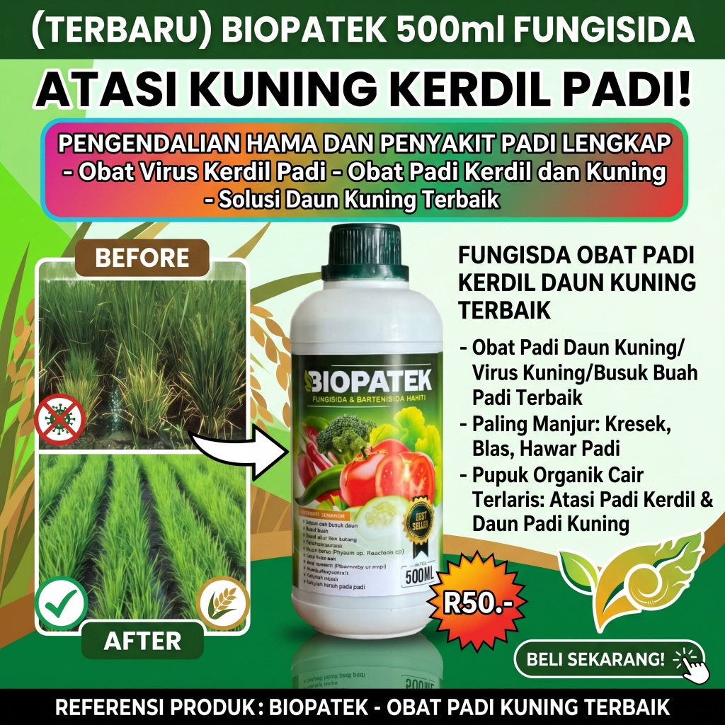 BIOPATEK Obat Daun Padi Menguning Kerdil Bulai Hawar Bakteri Jamur Virus Wereng Pestisida Pertanian 