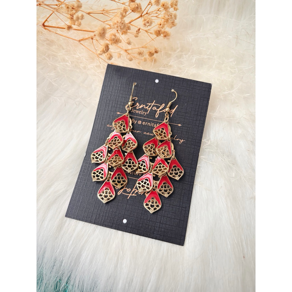 Anting Gantung Panjang Etnik India - Anting Chandelier Merah Gold Mewah - Anting Tusuk - Gantung Rum