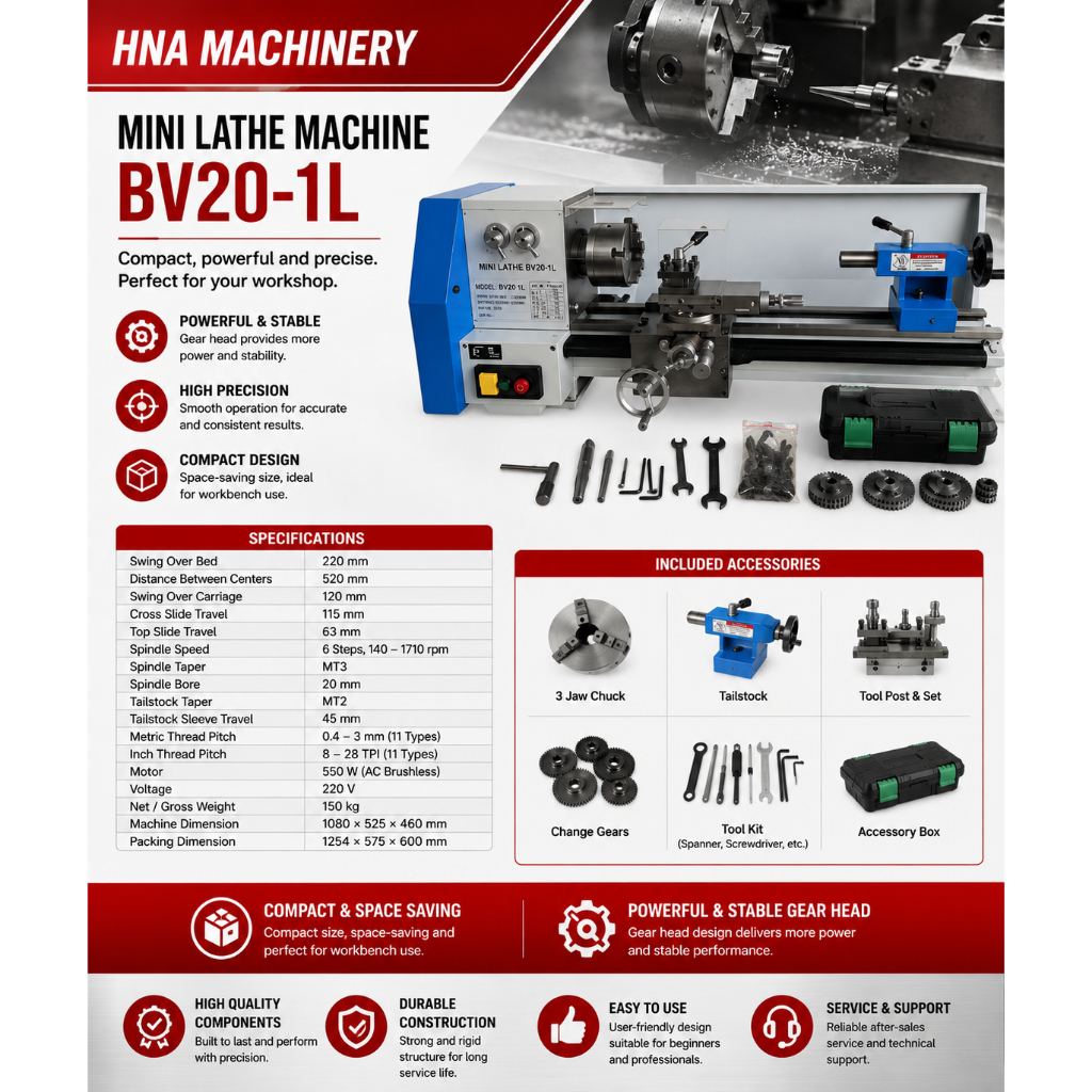Mesin Bubut Mini BV20-1L Cocok untuk bengkel kecil, sekolah, dan hobi bubut Swing 220 mm, jarak anta