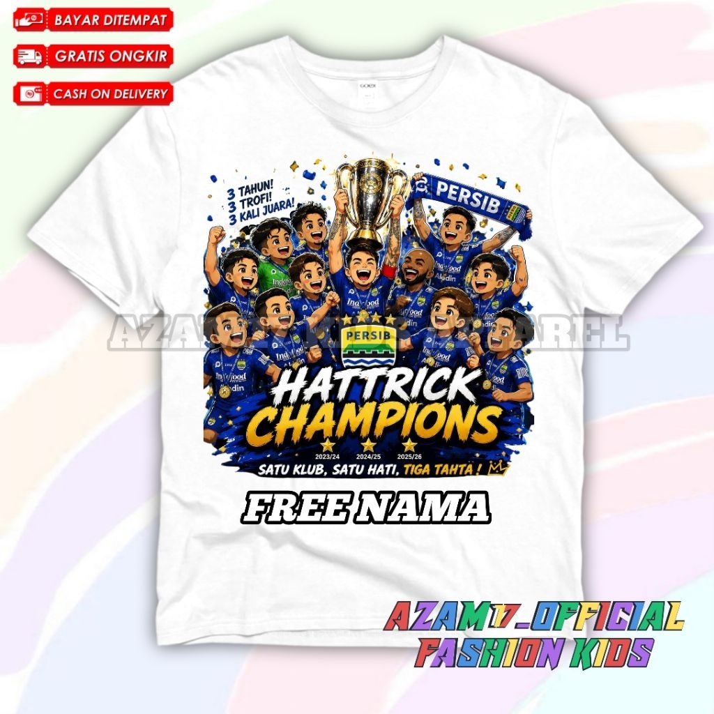 Kaos Anak Baju Anak Persib Hattrick Champions Free Nama / Kaos Tshirt Anak Persib Bandung Juara