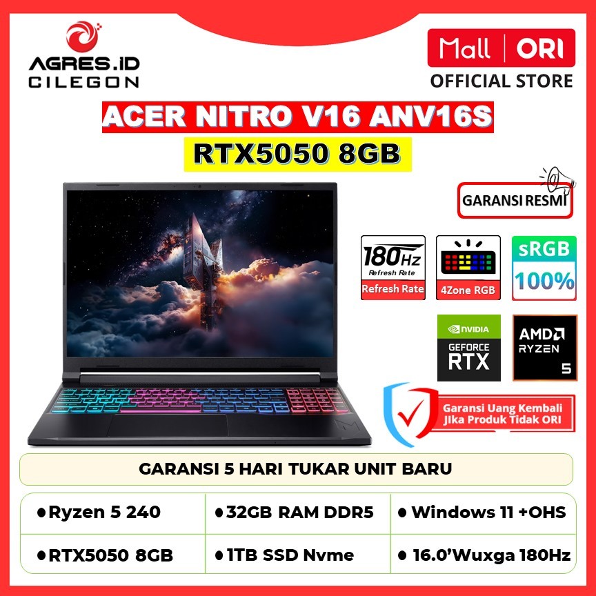 Acer Nitro 16S ANV16S | AMD Ryzen 5 240 | RTX5050 8GB | 32GB 1TB SSD | 16.0-inch Wuxga 180Hz 100% sR